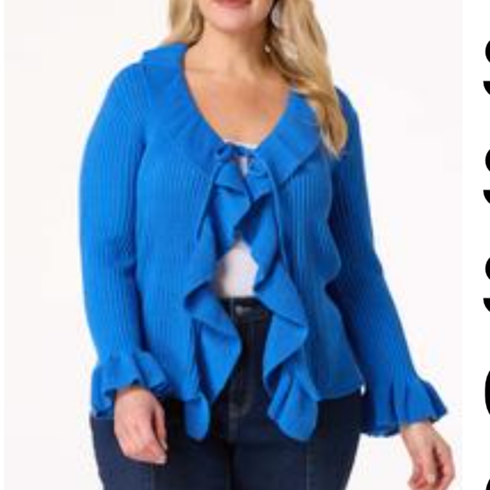 Blue Ruffled Front Tie Csrdigan Sweater Plus